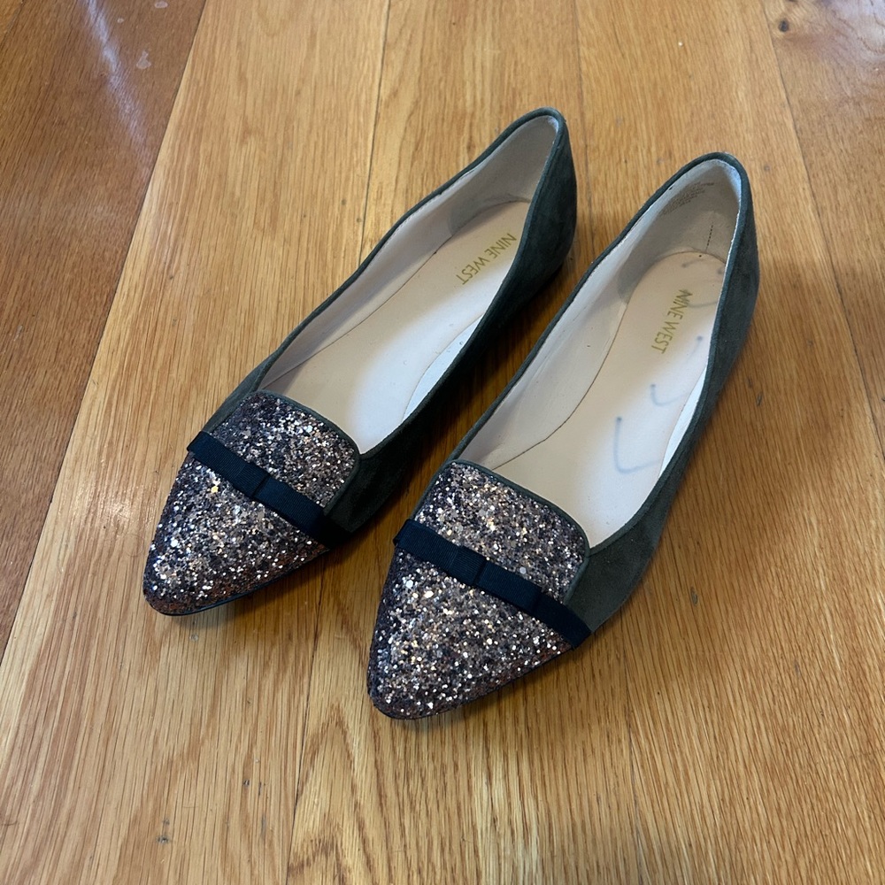 Nine West Olive Green Suede and Gold Glitter Flats, 11 M